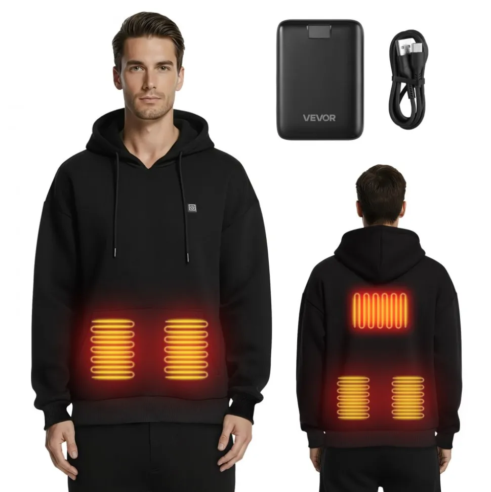 VEVOR Heated Sweatshirt Hoodie for Men Women, Heated Jacket Unisex with 7.4V 16000mAh Rechargeable Power Bank Pack, 5 Heating Zones, 3 Temp Levels, 4-8H Warmth, for Winter Outdoor Camping, Black, S Size