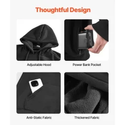 VEVOR Heated Sweatshirt Hoodie for Men Women, Heated Jacket Unisex with 7.4V 16000mAh Rechargeable Power Bank Pack, 5 Heating Zones, 3 Temp Levels, 4-8H Warmth, for Winter Outdoor Camping, Black, M Size