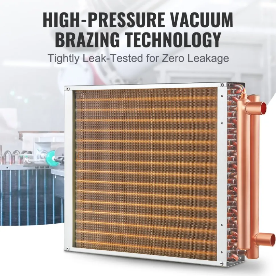 VEVOR Heat Exchanger Water to Air, 16"x 16" with 3-Row 3/8" Copper Ports, 193 Aluminum Fins Heat Exchanger for Outdoor Wood Furnaces, Residential Heating and Cooling, and Forced Air Heating
