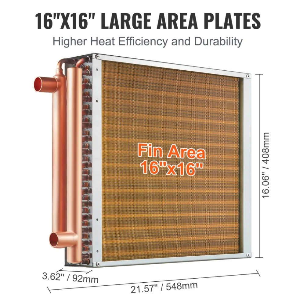 VEVOR Heat Exchanger Water to Air, 16"x 16" with 3-Row 3/8" Copper Ports, 193 Aluminum Fins Heat Exchanger for Outdoor Wood Furnaces, Residential Heating and Cooling, and Forced Air Heating