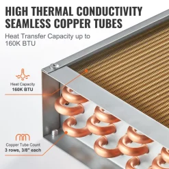 VEVOR Heat Exchanger Water to Air, 20"x 20" with 3-Row 3/8" Copper Ports, 242 Aluminum Fins Heat Exchanger for Outdoor Wood Furnaces, Residential Heating and Cooling, and Forced Air Heating