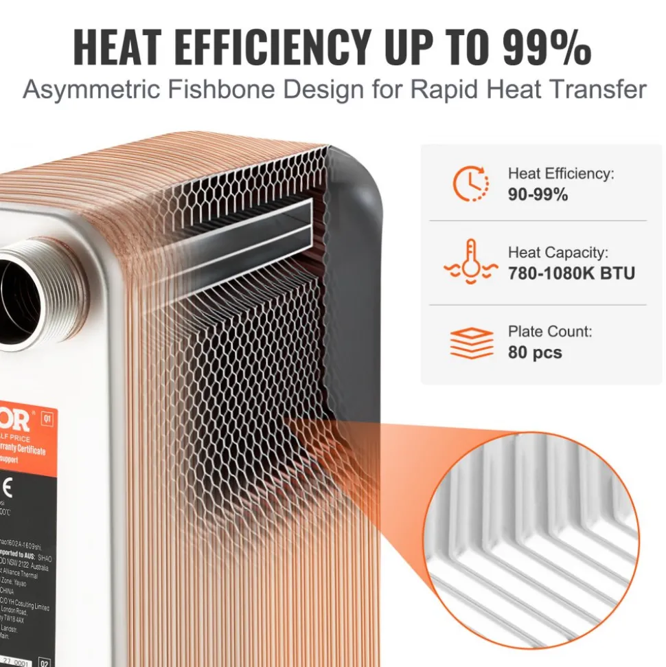 VEVOR Heat Exchanger, 5"x 12" 80 Plates Brazed Plate Heat Exchanger, Copper/316L Stainless Steel Water To Water Heat Exchanger For Floor Heating, Water Heating, Snow Melting, Beer Cooling