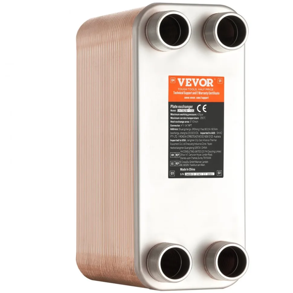 VEVOR Heat Exchanger, 5"x 12" 80 Plates Brazed Plate Heat Exchanger, Copper/316L Stainless Steel Water To Water Heat Exchanger For Floor Heating, Water Heating, Snow Melting, Beer Cooling