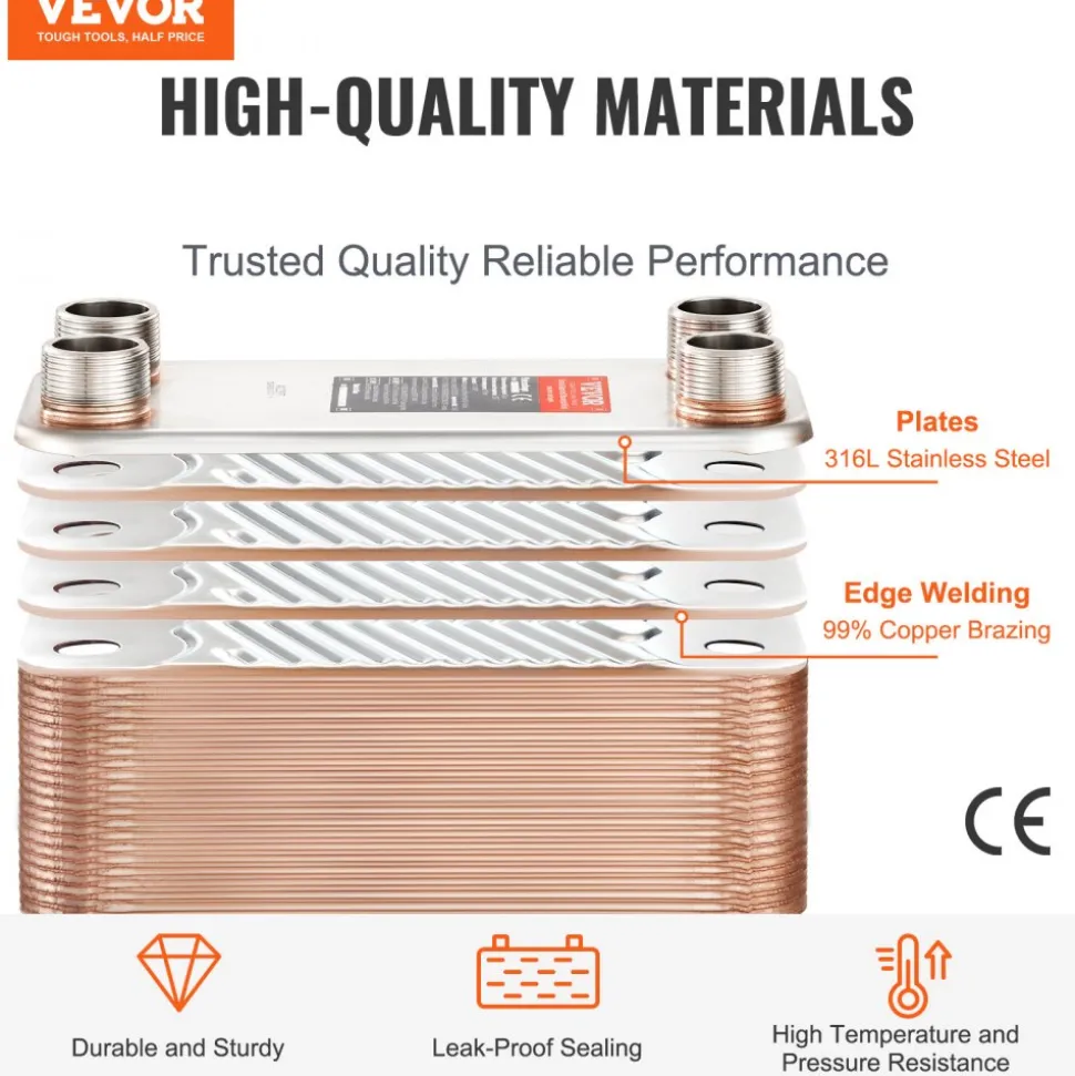 VEVOR Heat Exchanger, 5"x 12" 80 Plates Brazed Plate Heat Exchanger, Copper/316L Stainless Steel Water To Water Heat Exchanger For Floor Heating, Water Heating, Snow Melting, Beer Cooling