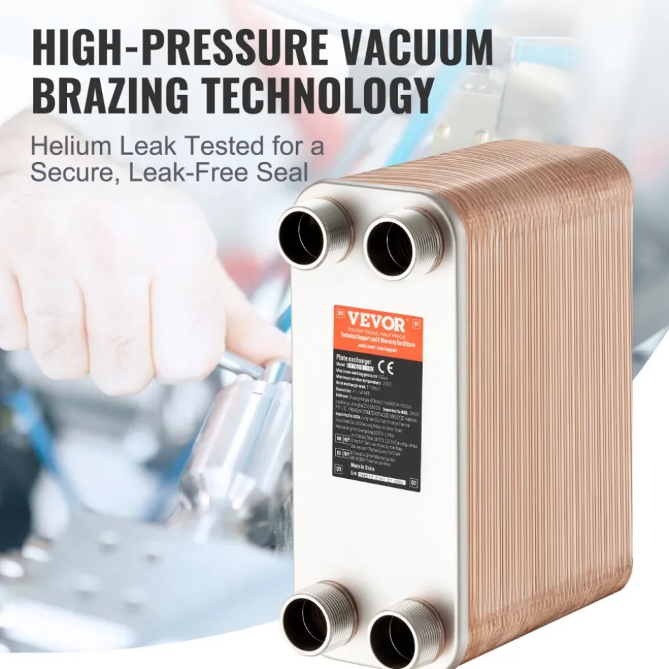 VEVOR Heat Exchanger, 5"x 12" 80 Plates Brazed Plate Heat Exchanger, Copper/316L Stainless Steel Water To Water Heat Exchanger For Floor Heating, Water Heating, Snow Melting, Beer Cooling