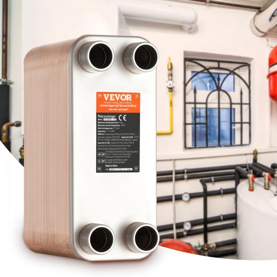 VEVOR Heat Exchanger, 5"x 12" 80 Plates Brazed Plate Heat Exchanger, Copper/316L Stainless Steel Water To Water Heat Exchanger For Floor Heating, Water Heating, Snow Melting, Beer Cooling
