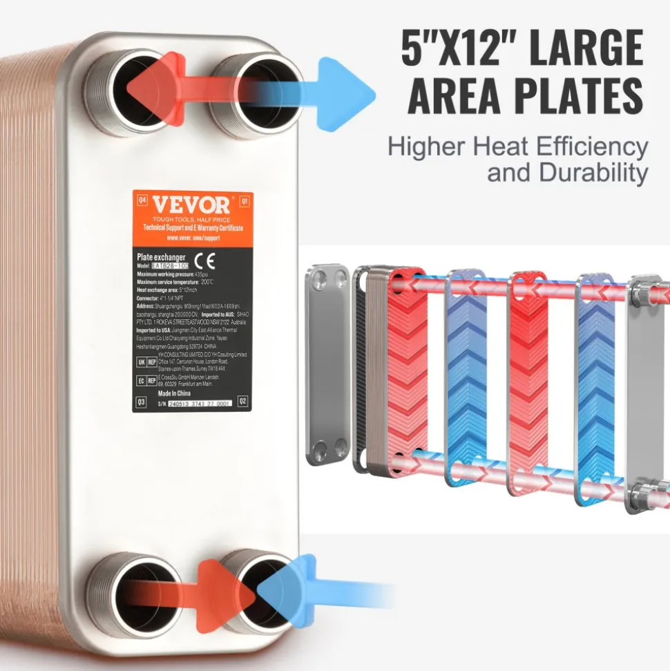 VEVOR Heat Exchanger, 5"x 12" 80 Plates Brazed Plate Heat Exchanger, Copper/316L Stainless Steel Water To Water Heat Exchanger For Floor Heating, Water Heating, Snow Melting, Beer Cooling