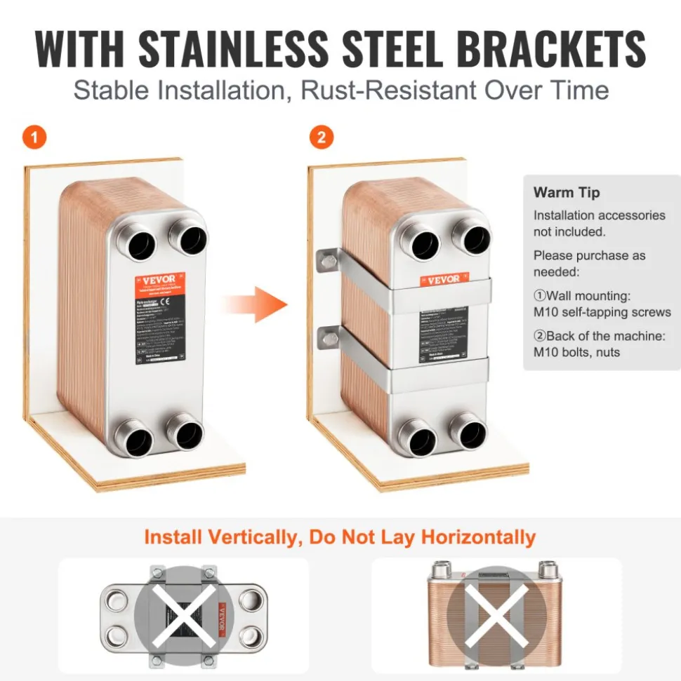VEVOR Heat Exchanger, 5"x 12" 80 Plates Brazed Plate Heat Exchanger, Copper/316L Stainless Steel Water To Water Heat Exchanger For Floor Heating, Water Heating, Snow Melting, Beer Cooling