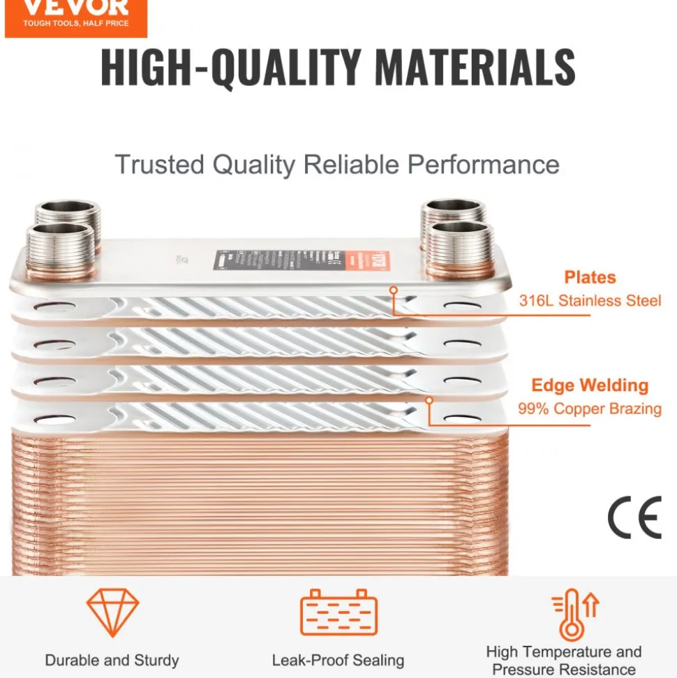 VEVOR Heat Exchanger, 5"x 12" 50 Plates Brazed Plate Heat Exchanger, Copper/316L Stainless Steel Water To Water Heat Exchanger For Floor Heating, Water Heating, Snow Melting, Beer Cooling