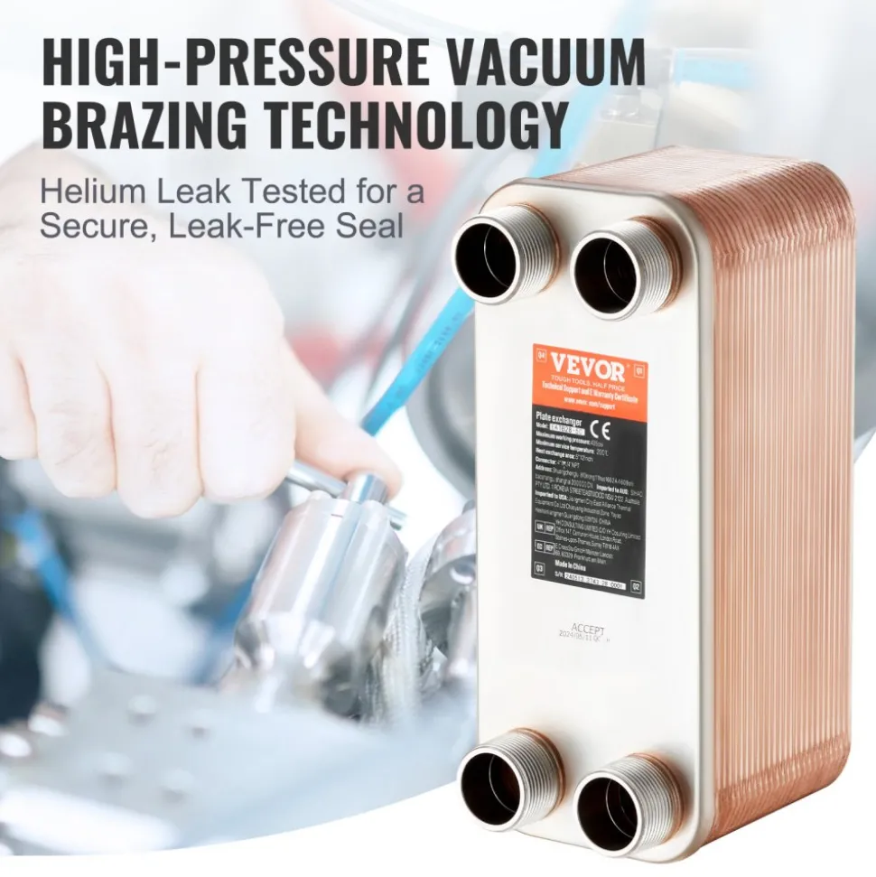 VEVOR Heat Exchanger, 5"x 12" 50 Plates Brazed Plate Heat Exchanger, Copper/316L Stainless Steel Water To Water Heat Exchanger For Floor Heating, Water Heating, Snow Melting, Beer Cooling