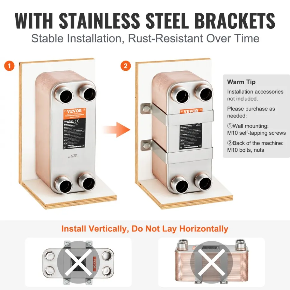 VEVOR Heat Exchanger, 5"x 12" 50 Plates Brazed Plate Heat Exchanger, Copper/316L Stainless Steel Water To Water Heat Exchanger For Floor Heating, Water Heating, Snow Melting, Beer Cooling