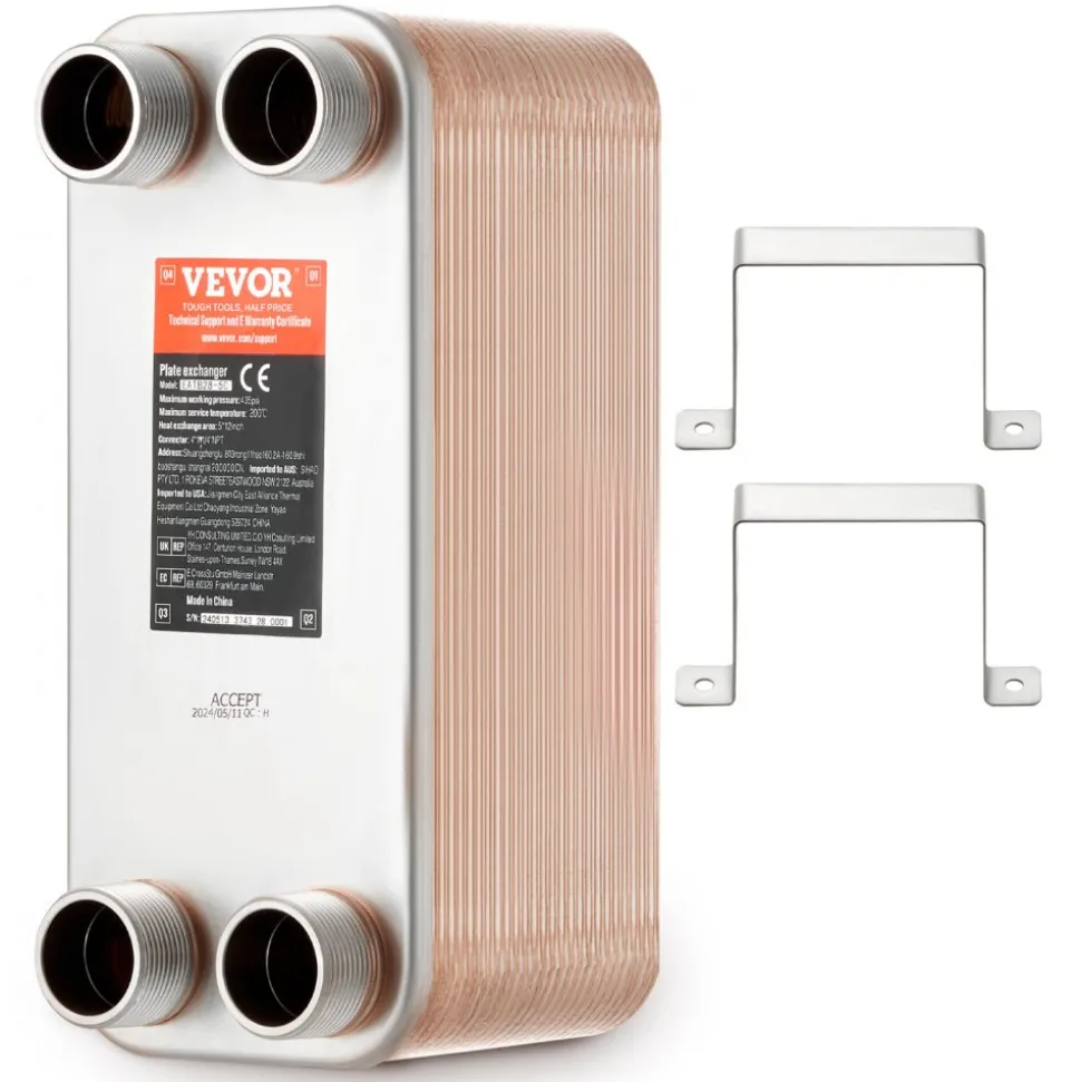 VEVOR Heat Exchanger, 5"x 12" 50 Plates Brazed Plate Heat Exchanger, Copper/316L Stainless Steel Water To Water Heat Exchanger For Floor Heating, Water Heating, Snow Melting, Beer Cooling