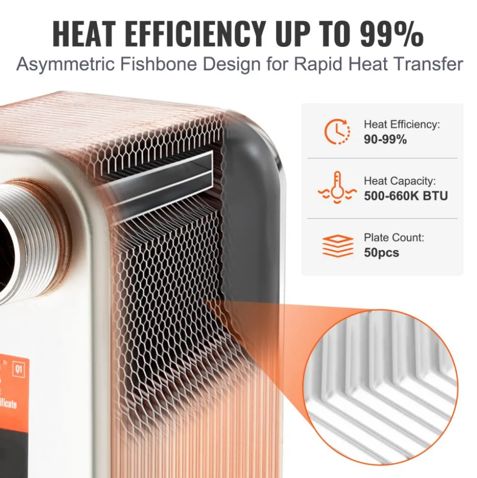 VEVOR Heat Exchanger, 5"x 12" 50 Plates Brazed Plate Heat Exchanger, Copper/316L Stainless Steel Water To Water Heat Exchanger For Floor Heating, Water Heating, Snow Melting, Beer Cooling