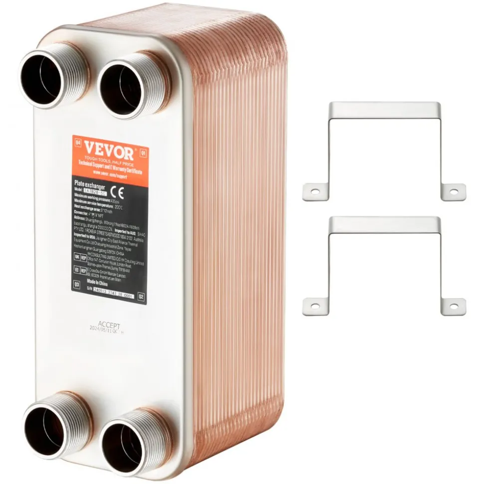 VEVOR Heat Exchanger, 5"x 12" 50 Plates Brazed Plate Heat Exchanger, Copper/316L Stainless Steel Water To Water Heat Exchanger For Floor Heating, Water Heating, Snow Melting, Beer Cooling