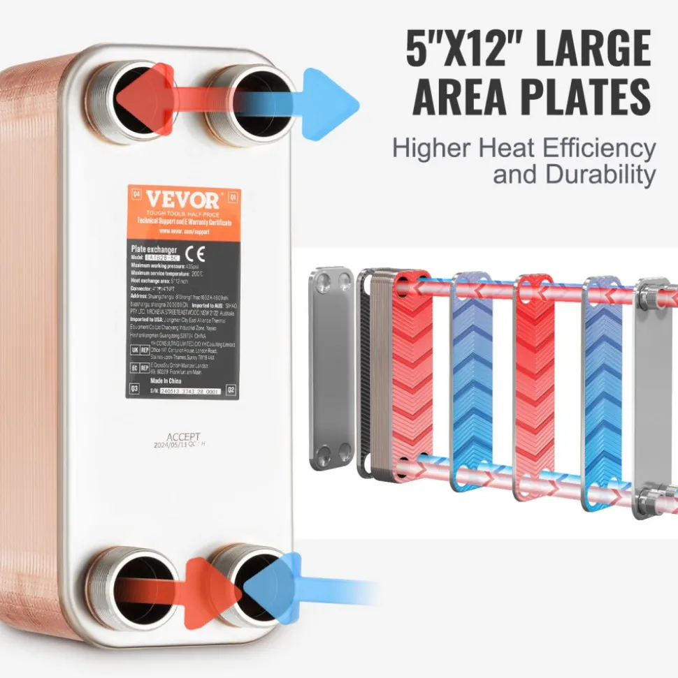 VEVOR Heat Exchanger, 5"x 12" 50 Plates Brazed Plate Heat Exchanger, Copper/316L Stainless Steel Water To Water Heat Exchanger For Floor Heating, Water Heating, Snow Melting, Beer Cooling