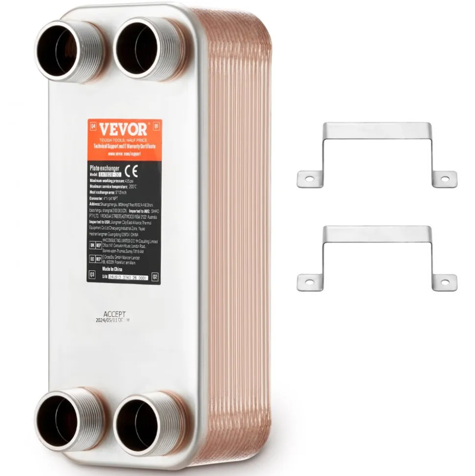 VEVOR Heat Exchanger, 5"x 12" 30 Plates Brazed Plate Heat Exchanger, Copper/316L Stainless Steel Water To Water Heat Exchanger For Floor Heating, Water Heating, Snow Melting, Beer Cooling
