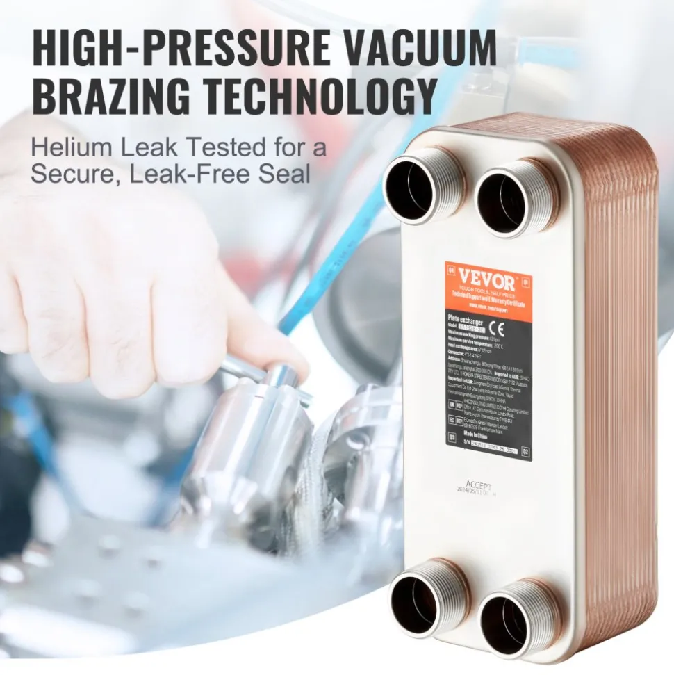 VEVOR Heat Exchanger, 5"x 12" 30 Plates Brazed Plate Heat Exchanger, Copper/316L Stainless Steel Water To Water Heat Exchanger For Floor Heating, Water Heating, Snow Melting, Beer Cooling