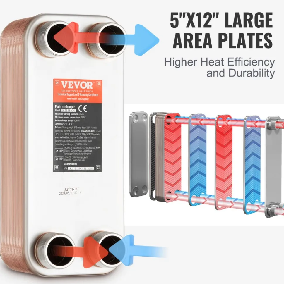 VEVOR Heat Exchanger, 5"x 12" 30 Plates Brazed Plate Heat Exchanger, Copper/316L Stainless Steel Water To Water Heat Exchanger For Floor Heating, Water Heating, Snow Melting, Beer Cooling