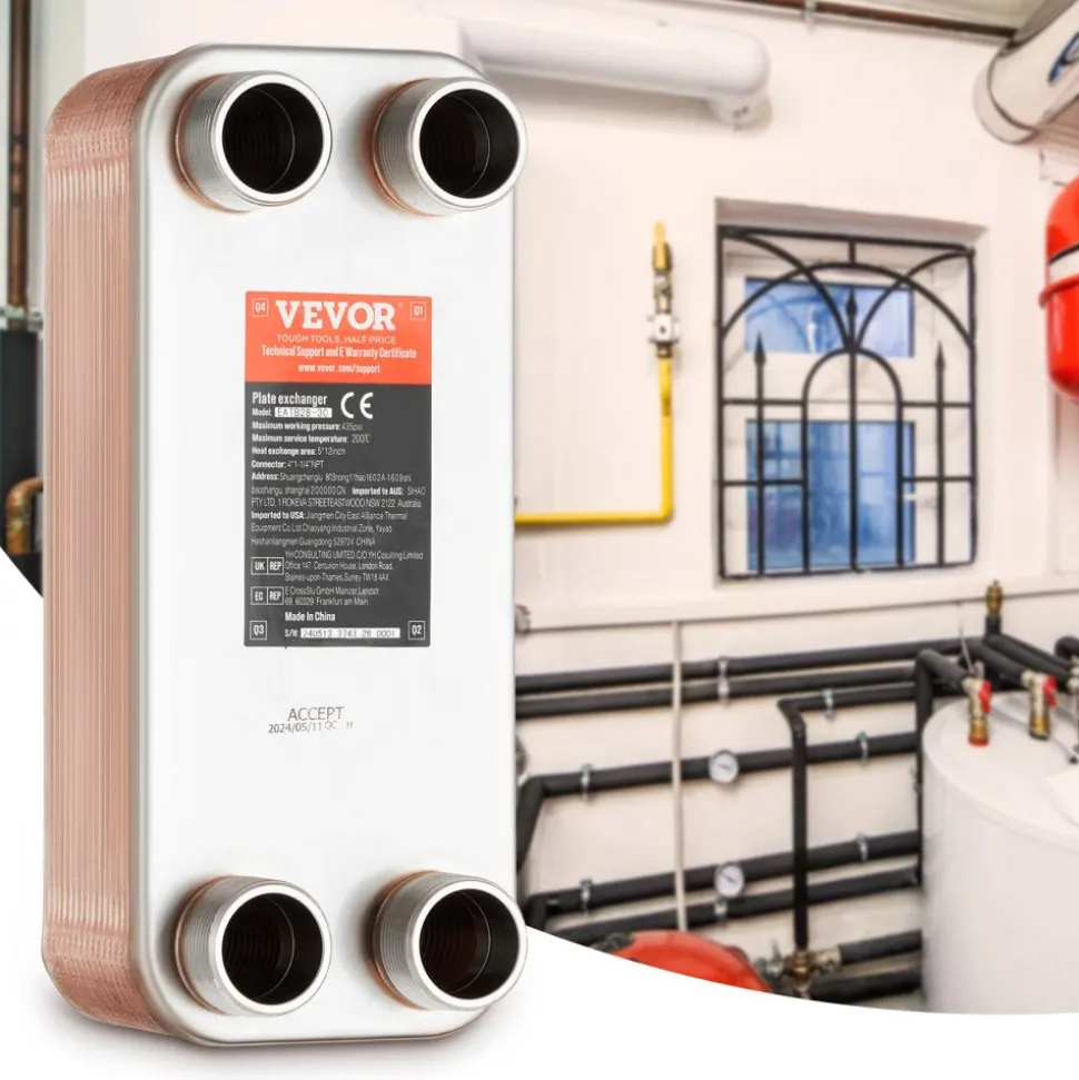 VEVOR Heat Exchanger, 5"x 12" 30 Plates Brazed Plate Heat Exchanger, Copper/316L Stainless Steel Water To Water Heat Exchanger For Floor Heating, Water Heating, Snow Melting, Beer Cooling
