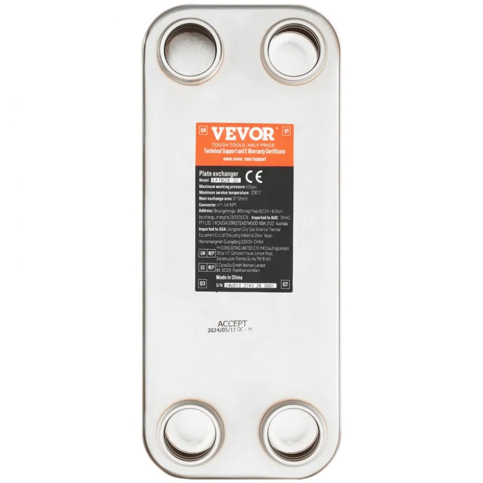 VEVOR Heat Exchanger, 5"x 12" 30 Plates Brazed Plate Heat Exchanger, Copper/316L Stainless Steel Water To Water Heat Exchanger For Floor Heating, Water Heating, Snow Melting, Beer Cooling