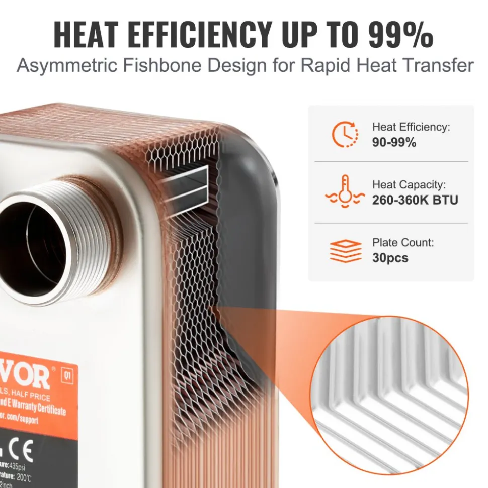 VEVOR Heat Exchanger, 5"x 12" 30 Plates Brazed Plate Heat Exchanger, Copper/316L Stainless Steel Water To Water Heat Exchanger For Floor Heating, Water Heating, Snow Melting, Beer Cooling