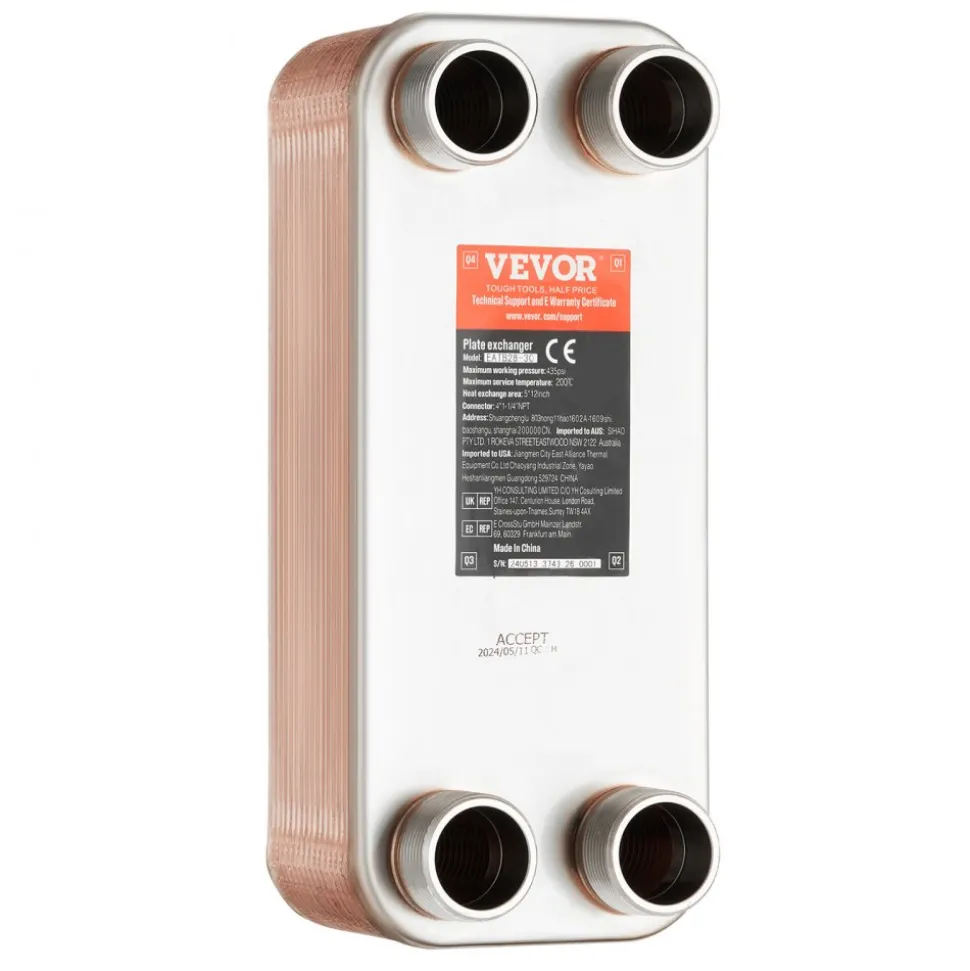 VEVOR Heat Exchanger, 5"x 12" 30 Plates Brazed Plate Heat Exchanger, Copper/316L Stainless Steel Water To Water Heat Exchanger For Floor Heating, Water Heating, Snow Melting, Beer Cooling