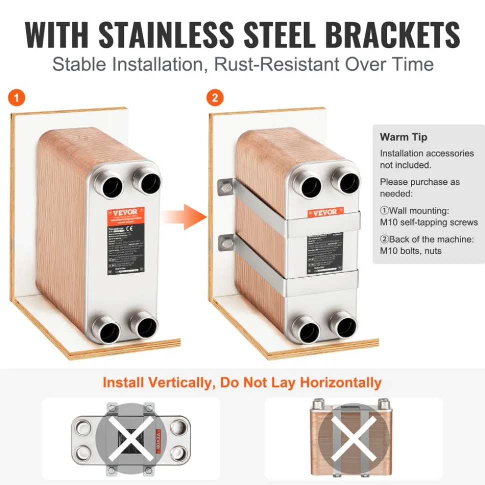 VEVOR Heat Exchanger, 5"x 12" 100 Plates Brazed Plate Heat Exchanger, Copper/316L Stainless Steel Water To Water Heat Exchanger For Floor Heating, Water Heating, Snow Melting, Beer Cooling
