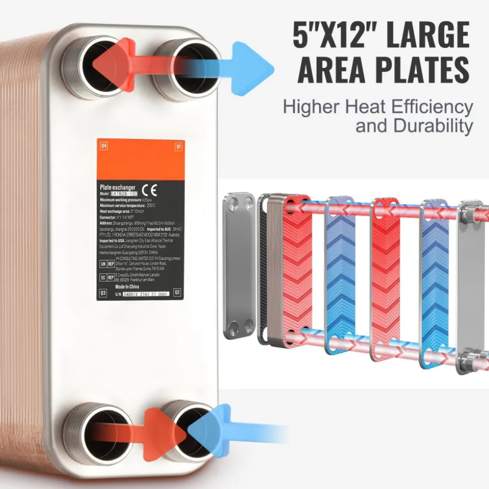 VEVOR Heat Exchanger, 5"x 12" 100 Plates Brazed Plate Heat Exchanger, Copper/316L Stainless Steel Water To Water Heat Exchanger For Floor Heating, Water Heating, Snow Melting, Beer Cooling