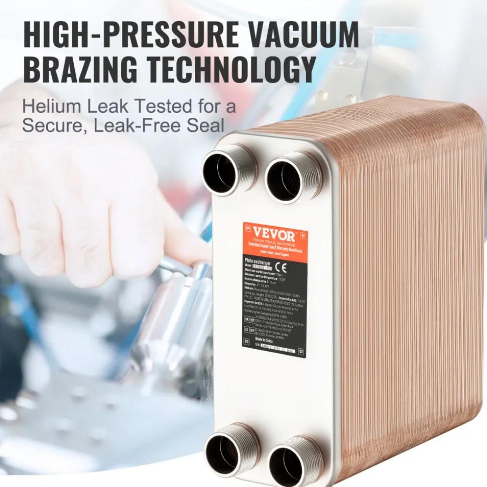 VEVOR Heat Exchanger, 5"x 12" 100 Plates Brazed Plate Heat Exchanger, Copper/316L Stainless Steel Water To Water Heat Exchanger For Floor Heating, Water Heating, Snow Melting, Beer Cooling