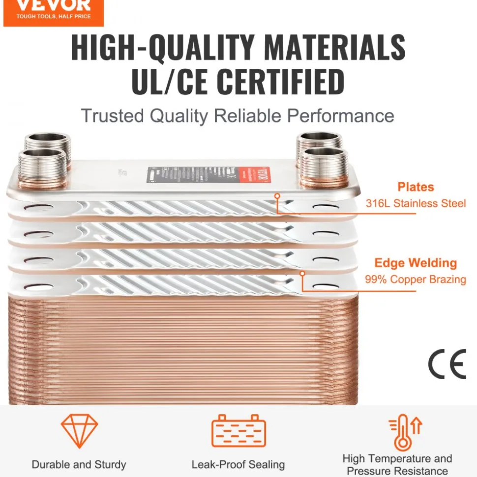 VEVOR Heat Exchanger, 5"x 12" 100 Plates Brazed Plate Heat Exchanger, Copper/316L Stainless Steel Water To Water Heat Exchanger For Floor Heating, Water Heating, Snow Melting, Beer Cooling