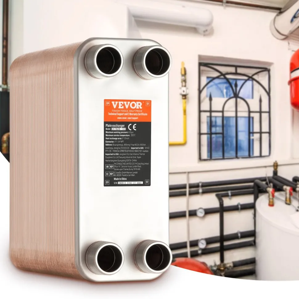 VEVOR Heat Exchanger, 5"x 12" 100 Plates Brazed Plate Heat Exchanger, Copper/316L Stainless Steel Water To Water Heat Exchanger For Floor Heating, Water Heating, Snow Melting, Beer Cooling