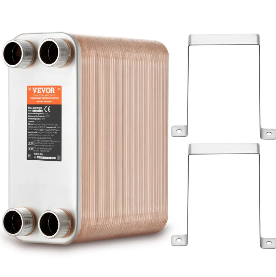 VEVOR Heat Exchanger, 5"x 12" 100 Plates Brazed Plate Heat Exchanger, Copper/316L Stainless Steel Water To Water Heat Exchanger For Floor Heating, Water Heating, Snow Melting, Beer Cooling