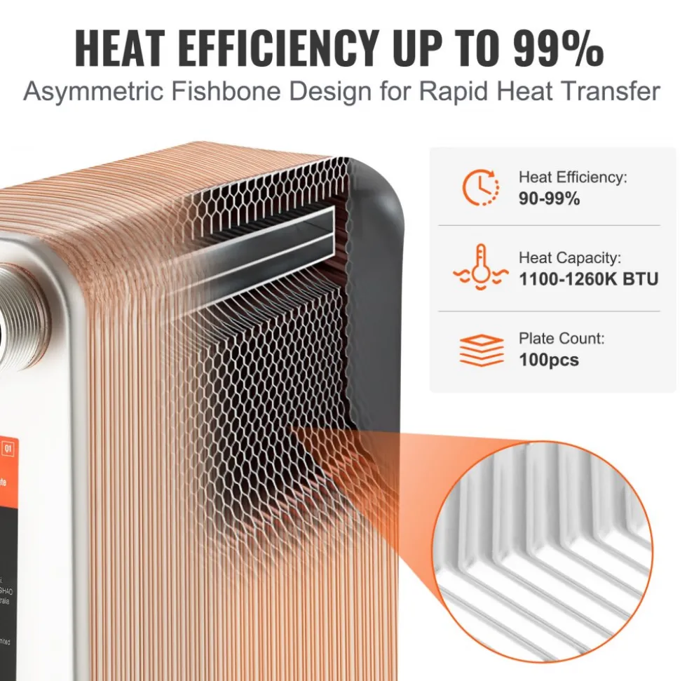 VEVOR Heat Exchanger, 5"x 12" 100 Plates Brazed Plate Heat Exchanger, Copper/316L Stainless Steel Water To Water Heat Exchanger For Floor Heating, Water Heating, Snow Melting, Beer Cooling