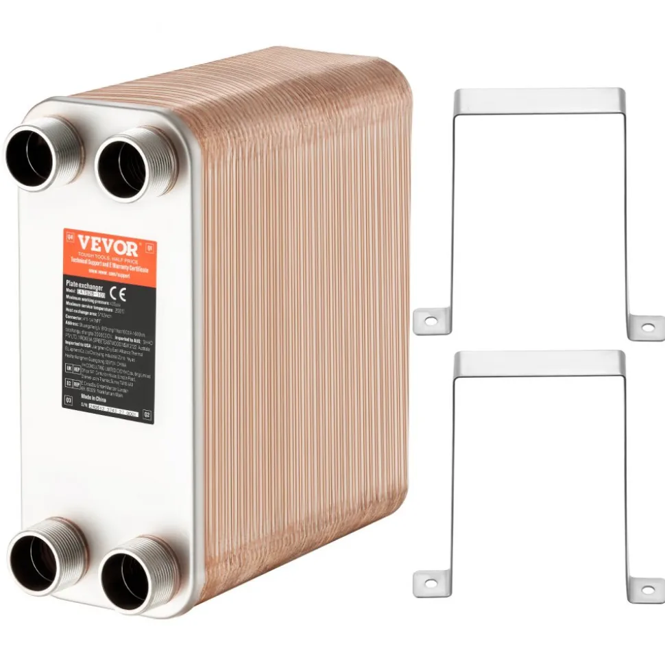 VEVOR Heat Exchanger, 5"x 12" 100 Plates Brazed Plate Heat Exchanger, Copper/316L Stainless Steel Water To Water Heat Exchanger For Floor Heating, Water Heating, Snow Melting, Beer Cooling