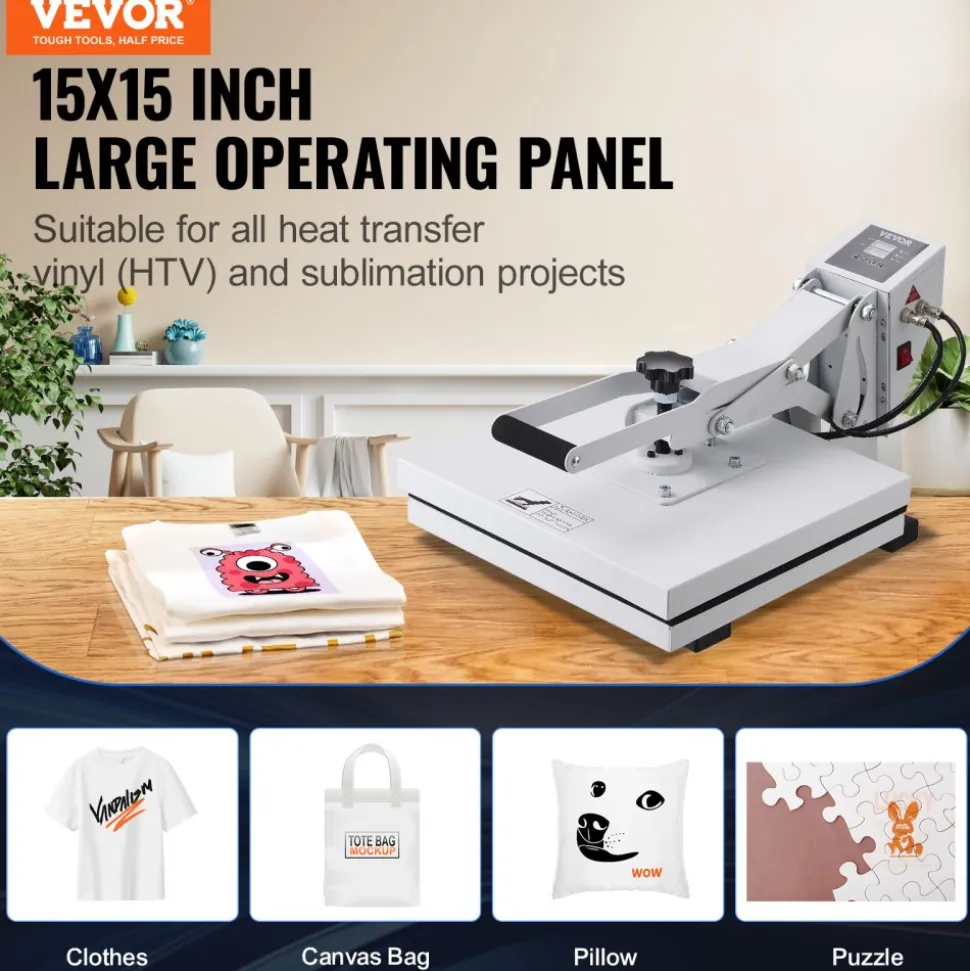 VEVOR Heat Press, Heat Press Machine for T-Shirt, Fast Heating, High Pressure Heat Press 15x15, Power Digital Industrial Sublimation Printer for Heat Transfer Vinyl, Easy to Use, White