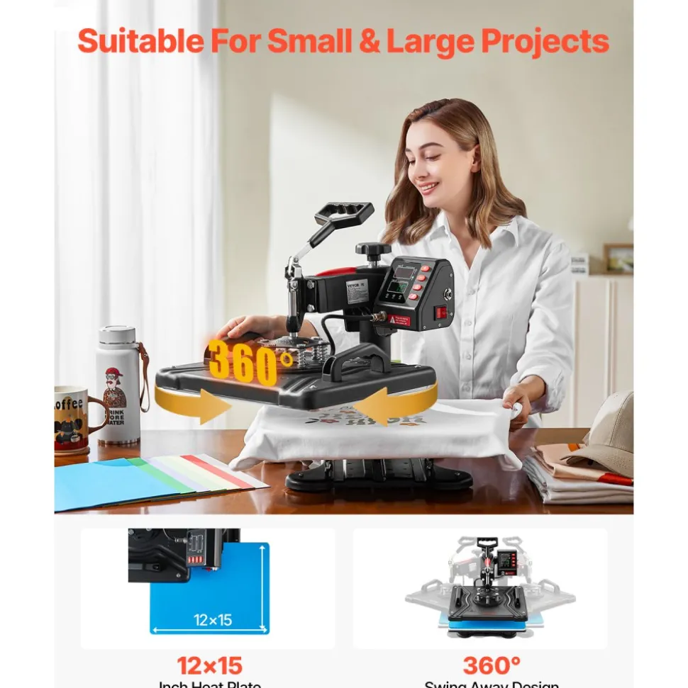 VEVOR Heat Press, 5 in 1 Heat Press 12x15 Machine Machine, Digital Precise Temperature Control, Clamshell Sublimation Transfer Printer Fast Heat-up, Vinyl Heat Press for Mug Cup T-Shirt Plate, 900W