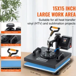 VEVOR Heat Press, 5 in 1 15 x 15 Inch Heat Press Machine, Dual LED Display Heat Press Machine, Multifunctional Sublimation, for T-Shirts, Swing Away Design