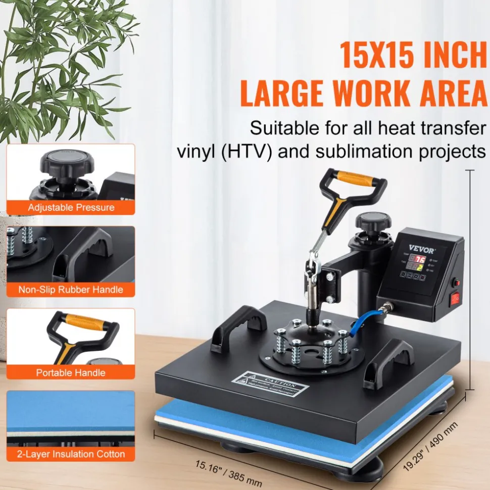 VEVOR Heat Press, 5 in 1 15 x 15 Inch Heat Press Machine, Dual LED Display Heat Press Machine, Multifunctional Sublimation, for T-Shirts, Swing Away Design