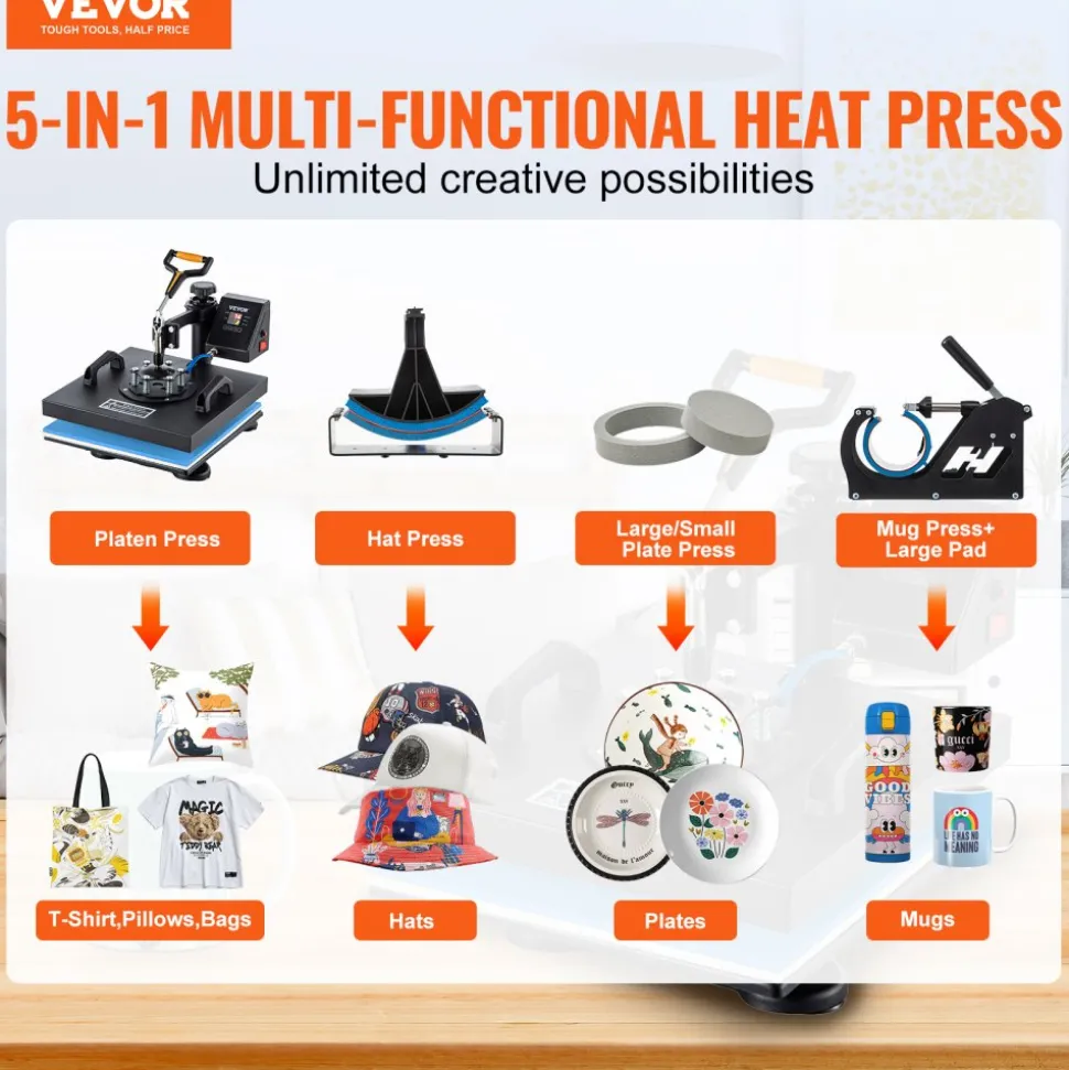 VEVOR Heat Press, 5 in 1 15 x 15 Inch Heat Press Machine, Dual LED Display Heat Press Machine, Multifunctional Sublimation, for T-Shirts, Swing Away Design