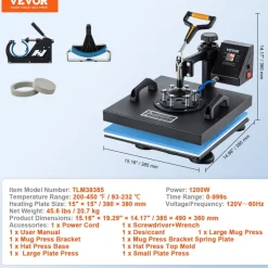 VEVOR Heat Press, 5 in 1 15 x 15 Inch Heat Press Machine, Dual LED Display Heat Press Machine, Multifunctional Sublimation, for T-Shirts, Swing Away Design