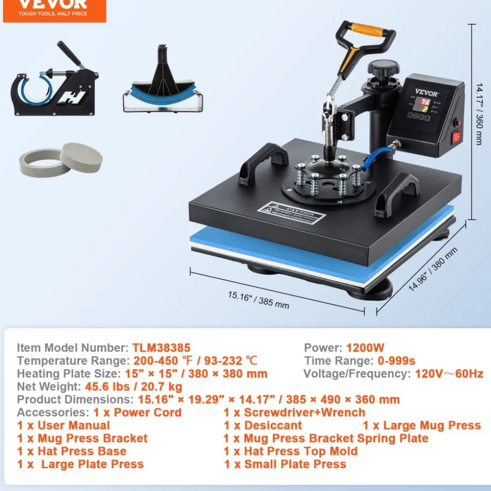 VEVOR Heat Press, 5 in 1 15 x 15 Inch Heat Press Machine, Dual LED Display Heat Press Machine, Multifunctional Sublimation, for T-Shirts, Swing Away Design