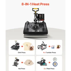 VEVOR Heat Press Machine 8 in 1 Combo, Heat Press 15x15 in, Swing Away T Shirt Printing Machine Digital Control, Multifunction Transfer Machine Sublimation, for T-Shirt Hat Cap Mug Plate, Black
