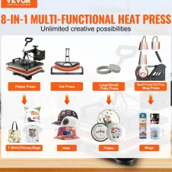 VEVOR Heat Press Machine, 8 in 1 Combo Digital Multifunctional Sublimation Heat Transfer Machine 12x15 inch, 360 Degree Rotation Swing Away for Printing T Shirts Mug Cap Hat Plate