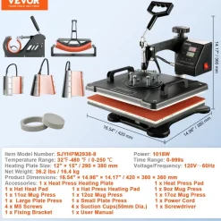 VEVOR Heat Press Machine, 8 in 1 Combo Digital Multifunctional Sublimation Heat Transfer Machine 12x15 inch, 360 Degree Rotation Swing Away for Printing T Shirts Mug Cap Hat Plate