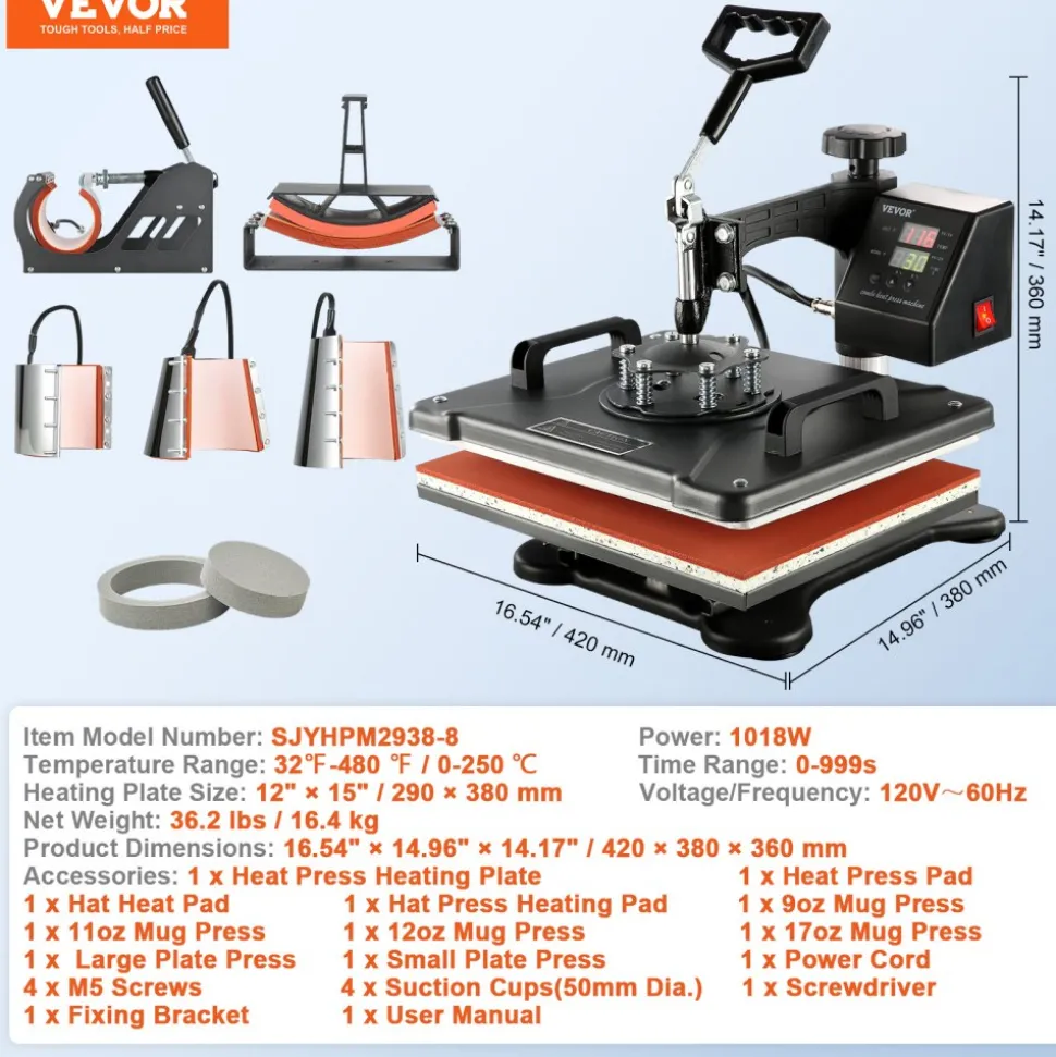 VEVOR Heat Press Machine, 8 in 1 Combo Digital Multifunctional Sublimation Heat Transfer Machine 12x15 inch, 360 Degree Rotation Swing Away for Printing T Shirts Mug Cap Hat Plate