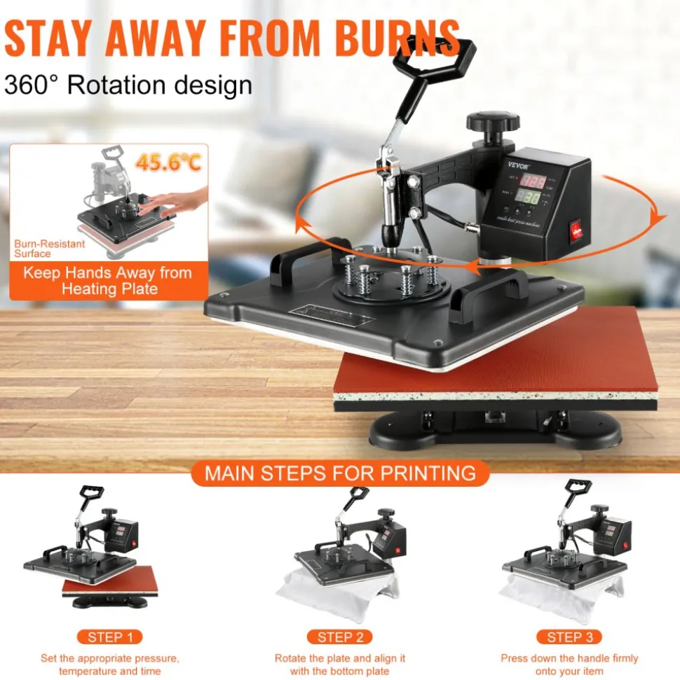 VEVOR Heat Press Machine, 8 in 1 Combo Digital Multifunctional Sublimation Heat Transfer Machine 12x15 inch, 360 Degree Rotation Swing Away for Printing T Shirts Mug Cap Hat Plate