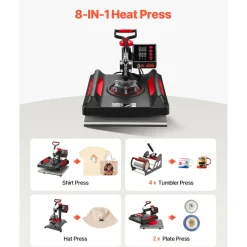 VEVOR Heat Press Machine 8 in 1 Combo, Heat Press 15x15, Swing Away T Shirt Printing Machine Digital Control, Multifunction Heat Transfer Machine Sublimation Heat Press for T-Shirt Hat Cap Mug Plate