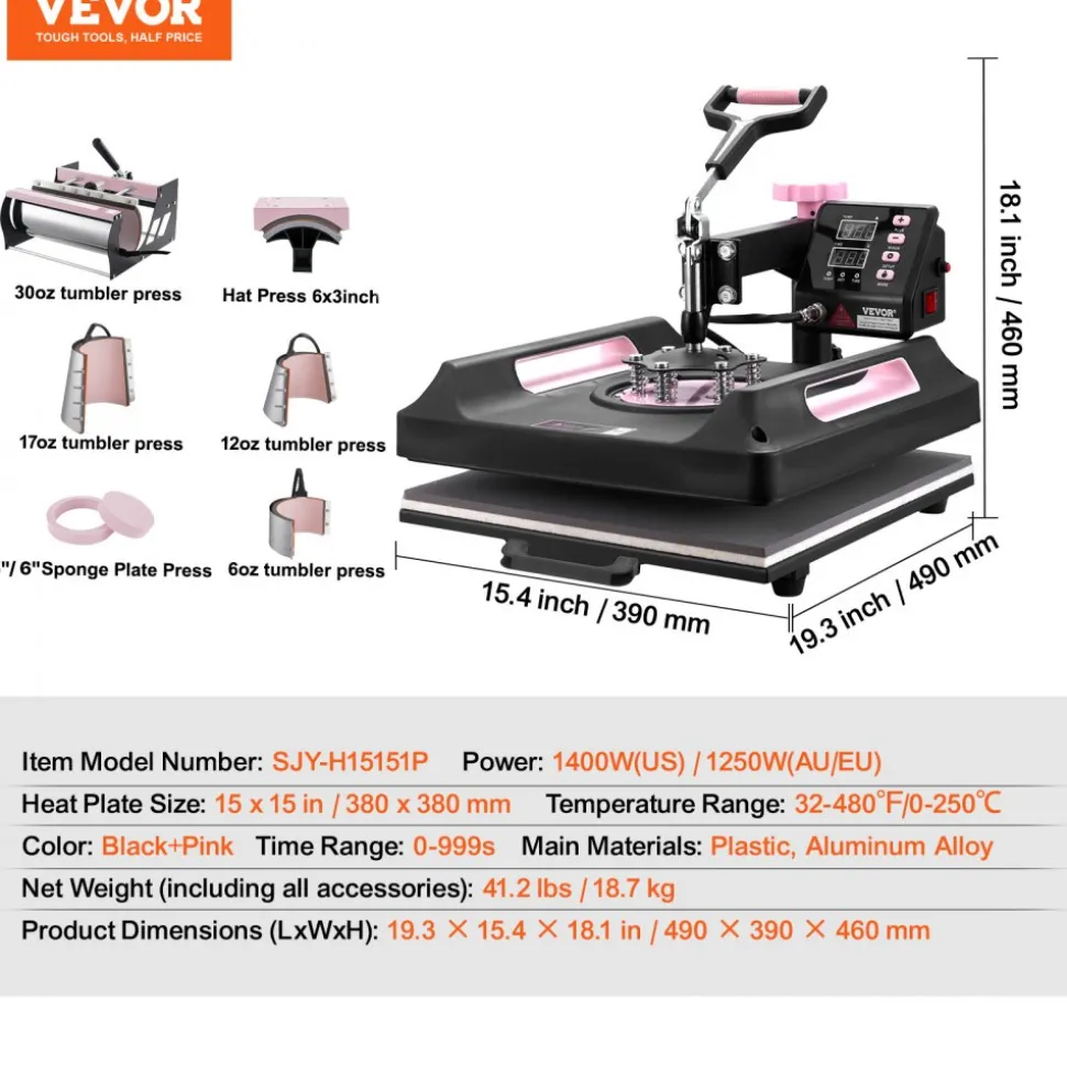 VEVOR Heat Press Machine, 15 x 15 inch, 8 in 1 Heat Transfer Machine with 30 oz Tumbler Press, 360° Swing Away Digital T-Shirt Pressing Machine, Teflon Coating, for T-Shirts/Mugs/Hats/Plates, Black