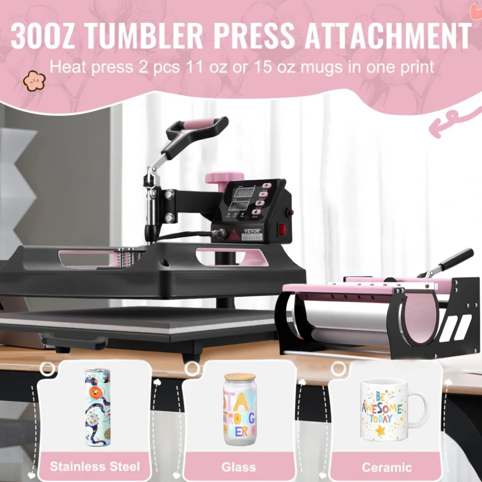 VEVOR Heat Press Machine, 15 x 15 inch, 8 in 1 Heat Transfer Machine with 30 oz Tumbler Press, 360° Swing Away Digital T-Shirt Pressing Machine, Teflon Coating, for T-Shirts/Mugs/Hats/Plates, Black