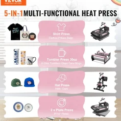 VEVOR Heat Press Machine, 15 x 15 inch, 8 in 1 Heat Transfer Machine with 30 oz Tumbler Press, 360° Swing Away Digital T-Shirt Pressing Machine, Teflon Coating, for T-Shirts/Mugs/Hats/Plates, Black